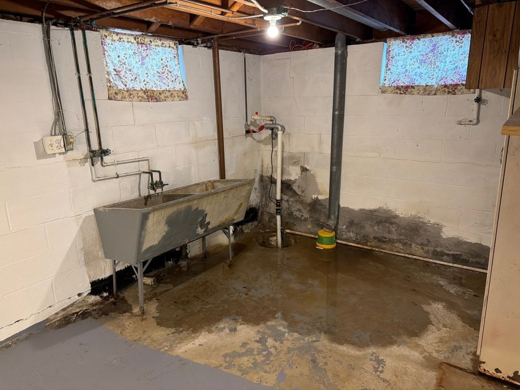 Wet basement floor with visible water intrusion and moisture damage after heavy rain in a Columbus, OH home